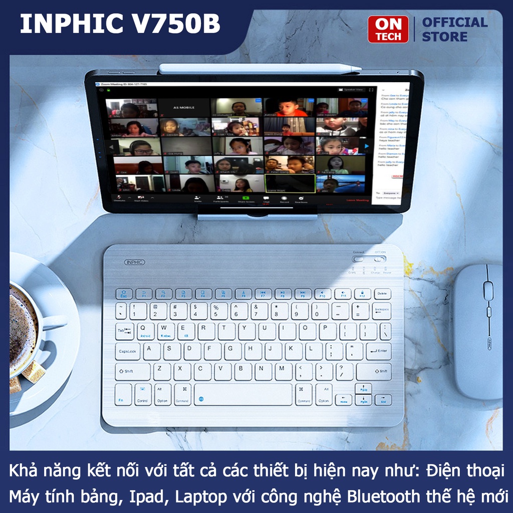 Bàn Phím Chuột Bluetooth Không Dây Cho Ipad Máy Tính Bảng Điện Thoại Laptop Inphic V750B Siêu Mỏng Chống Ồn Dùng Sạc Pin