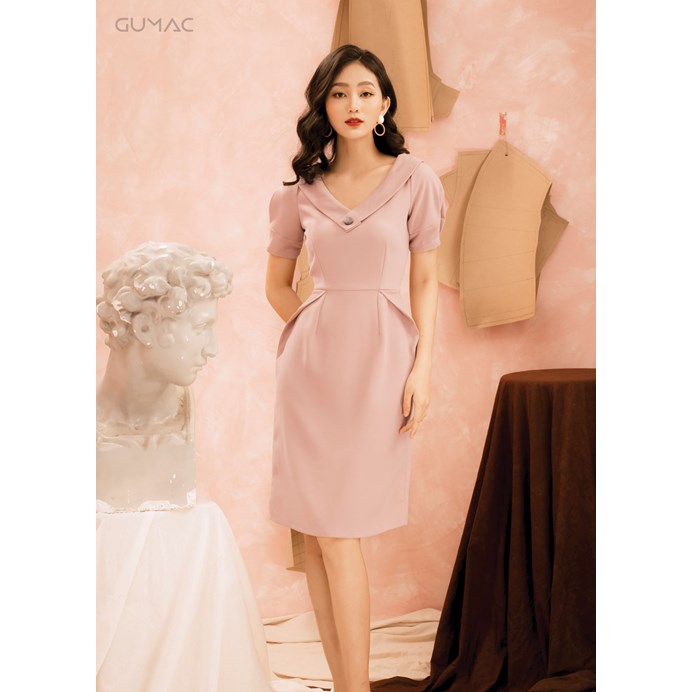 Đầm cổ V đính nút GUMAC MS22019_HONG