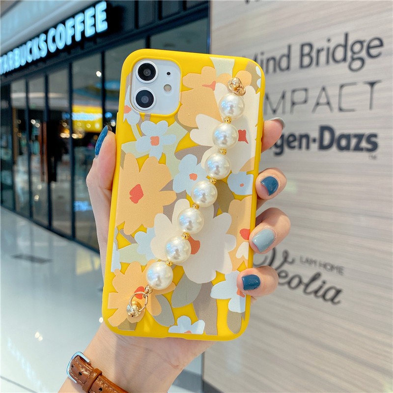 Samsung Galaxy S21 S20 FE S10 S9 S8 Plus Note 8 9 10 20 Ultra Pearl Chain Wrist Strap Flower Painted Soft TPU Phone Case