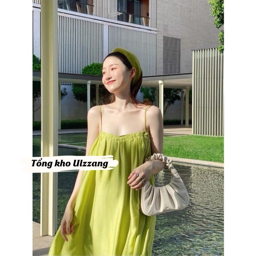 Váy Đầm Maxi Đi Biển Hai Dây Xòe Vải Đũi Lụa Mềm Mát Màu Xanh Lá Xanh Bơ