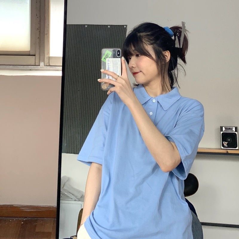 Áo thun polo nữ trơn basic unisex form rộng tay lỡ đẹp hàng Quảng Châu ANDOSA PL07