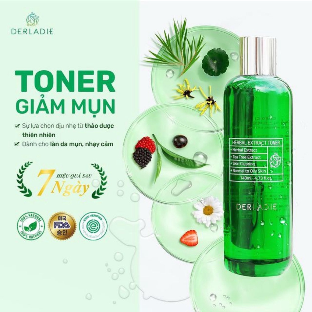 Toner Tràm Trà Derladie Giảm Mụn Sau 7 Ngày - Nước Hoa Hồng Derladie Herbal Extract 140ml