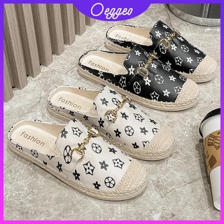 Oeggeo shop Dép Nữ Mũi Tròn Phối Lông Bên Ngoài Thời Trang