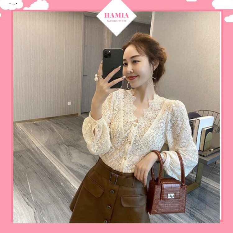 Áo sơ mi nữ kiểu cổ v ren tiểu thư phong cách Hàn Quốc