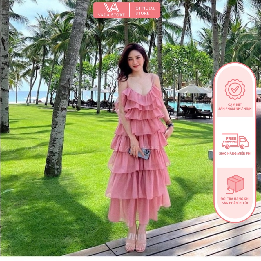 Váy Maxi,Babydoll Chất Tơ Lụa 2 Dây Đi Biển Đi Chơi Bèo Tầng Màu Hồng VN22