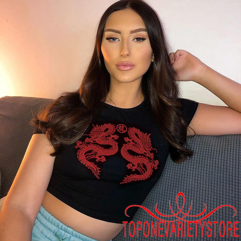 Áo croptop nữ in hình rồng thời trang