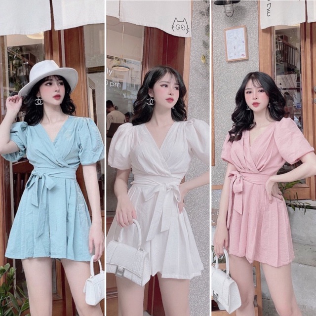 V317 Váy Ngắn Tay Bồng Eo Cột Nơ , Thiết Kế Dập Ly Sang Trọng