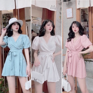 V317 Váy Ngắn Tay Bồng Eo Cột Nơ , Thiết Kế Dập Ly Sang Trọng