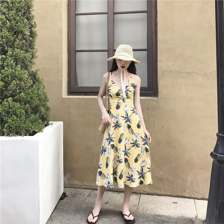 Đầm Maxi đi biển màu vàng size M