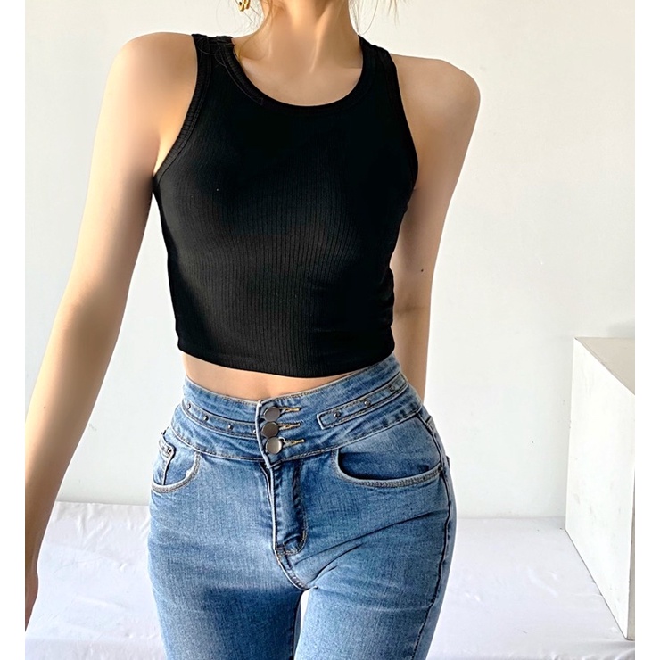 Áo ba lỗ thun gân cổ tròn màu basic ngày hè năng động dáng ngắn ôm, 3 lỗ sát nách TV-Fashion