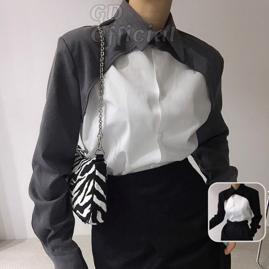A73|Áo sơ mi polo cotton nữ dài tay hai màu tương phản khí chất dáng rộng, thẳng, suông màu xám, đen, trắng GD Official