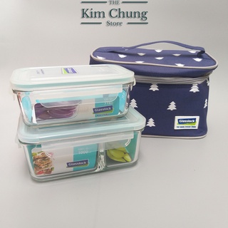 Bộ hộp cơm thủy tinh Glasslock 1000ml chia ngăn và 715ml kèm túi giữ nhiệt cây thông - Hàng chính hãng