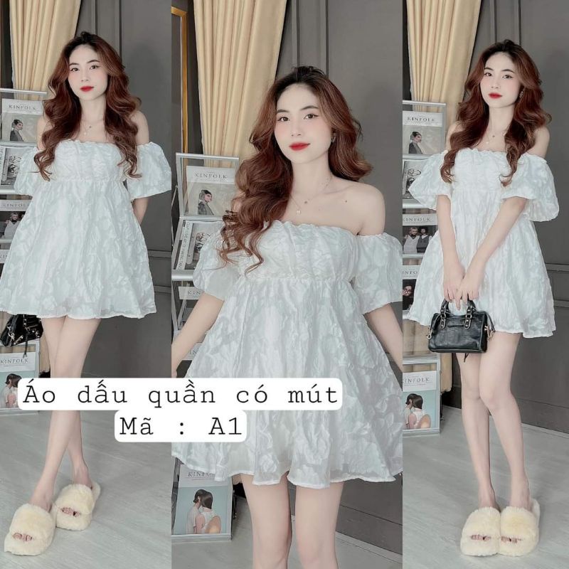 Set aos voan hoa babydoll trắng trễ vai kèm short siêu xinh kèm ảnh thật