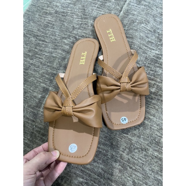 Dép nơ quai ngang nhiều màu chất da mang êm chân phong cách thời trang năng động bigsize - TTH_SHOES