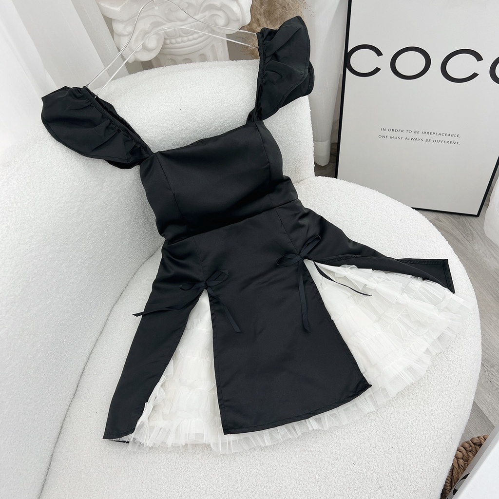 JUMPSUIT ĐEN TAY TIÊN PHỐI LƯỚI XOÈ TRẮNG ĐÍNH NƠ