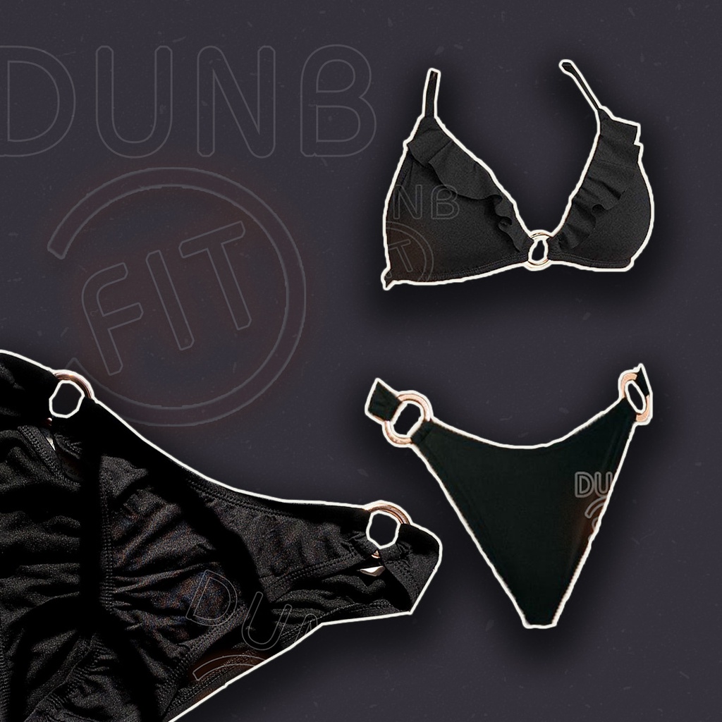 Bikini 2 mảnh Đồ Bơi Đi Biển 2 Mảnh buộc dây hở lưng màu đen cổ tim viền bèo quần chun mông quyến rũ