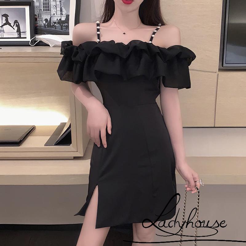 Ldd-đầm Tay Ngắn Trễ Vai Màu Trơn Đính Ngọc Trai Giả Một Mảnh Mùa Hè