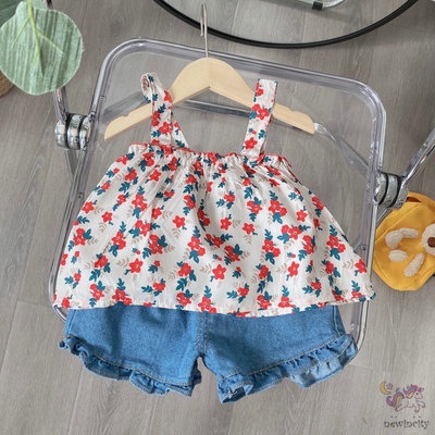 Set Đồ Mùa Hè 2 Món Gồm Áo Hai Dây In Hoa + Quần Ngắn Hàn Quốc Cho Bé Gái