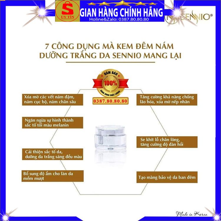 Kem nám tàn nhang đồi mồi dưỡng trắng da mặt cổ loại tốt chính hãng Sennio hàn quốc ban đêm ngày cho nam nữ bà bầu 3D 4K