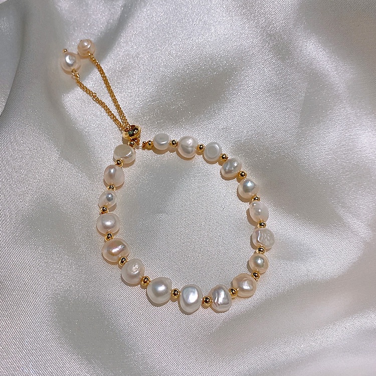 Lắc tay nữ hạt trai nước ngọt méo cá tính có dây rút chỉnh kích thước thời trang vintage Lémi