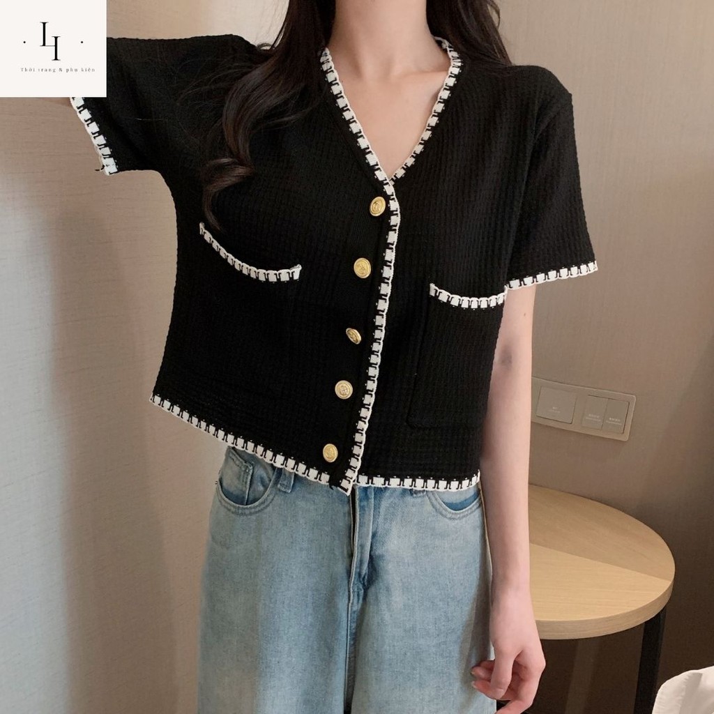 Áo cardigan nữ kiểu croptop dệt kim len mỏng tay ngắn cổ tim chữ V hở eo phong cách thời trang Hàn Quốc cá tính Liaoshop | BigBuy360 - bigbuy360.vn