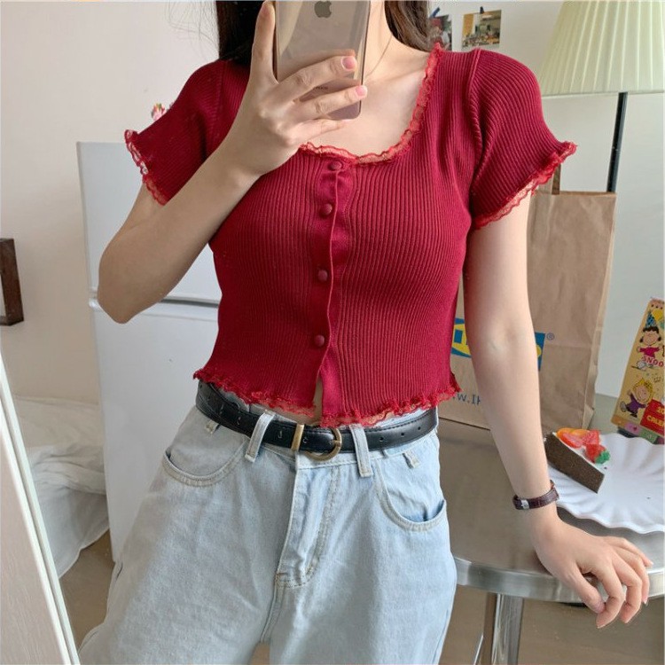 Áo Croptop Dệt Kim Cổ Vuông Xinh Xắn Cho Nữ