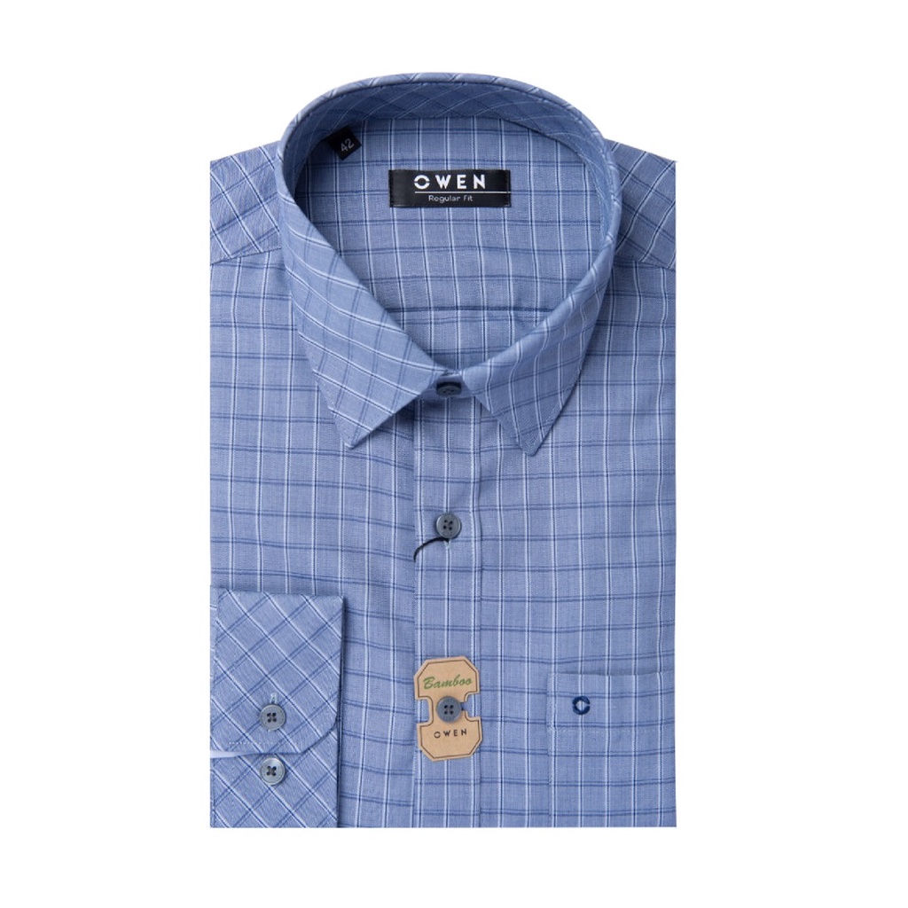 Áo Sơ Mi Nam Dài Tay OWEN AR220947DT Somi Công Sở Vải Sợi Tre Cao Cấp Màu Kẻ caro xanh navy Dáng Suông Tà Lượn Có Túi