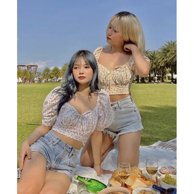 (ảnh thật, hoả tốc)🥗CINDY_CROPTOP (ÁO HOA TAY PHỒNG) (2 MÀU MỚI)