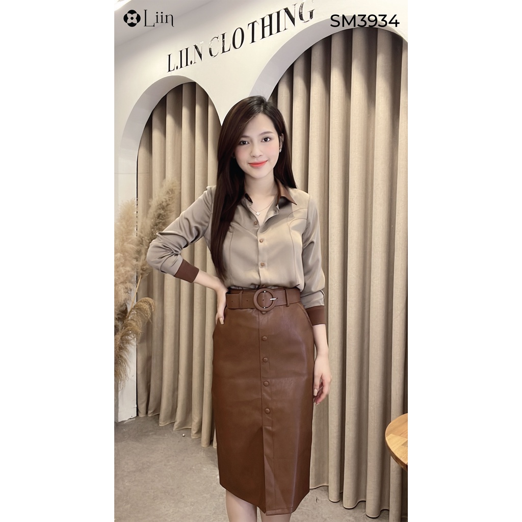 Áo sơ mi dài tay chất vải lụa ngọc trai nâu kiểu dáng trẻ trung, thời thượng Liin Clothing SM3934
