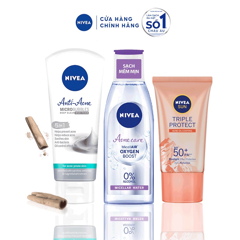 Bộ sản phẩm chăm sóc da mụn NIVEA: Kem chống nắng SPF50+, Nước tẩy trang 200ml &amp; Sữa rửa mặt cho da nhạy cảm 100G