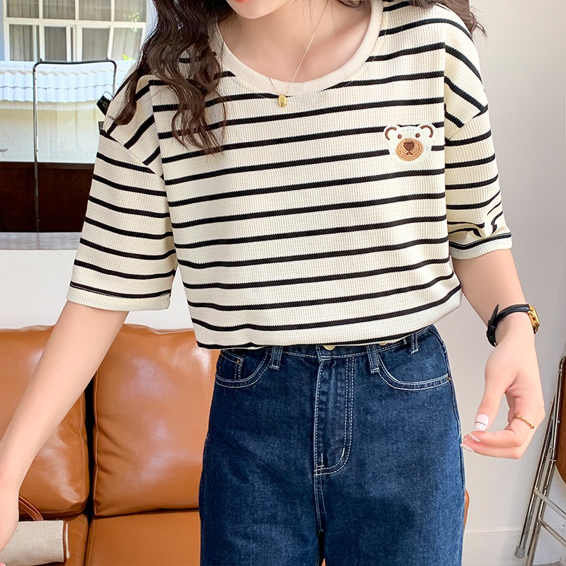 Áo thun Peppermint tay ngắn dáng rộng kẻ sọc ngang in hình gấu hoạt hình dễ thương thời trang mùa hè cho nữ 52720