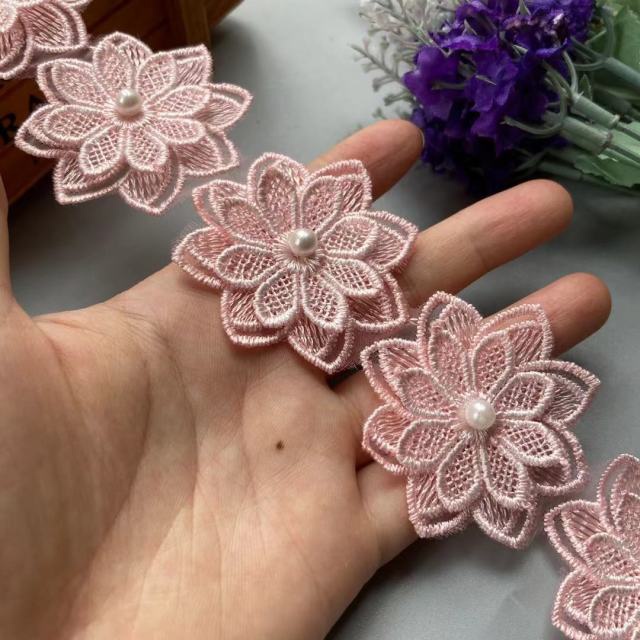 Set 10 Miếng Vải Ren Hoa Đính Ngọc Trai 3D Màu Trắng Dùng Để Trang Trí Váy Cưới