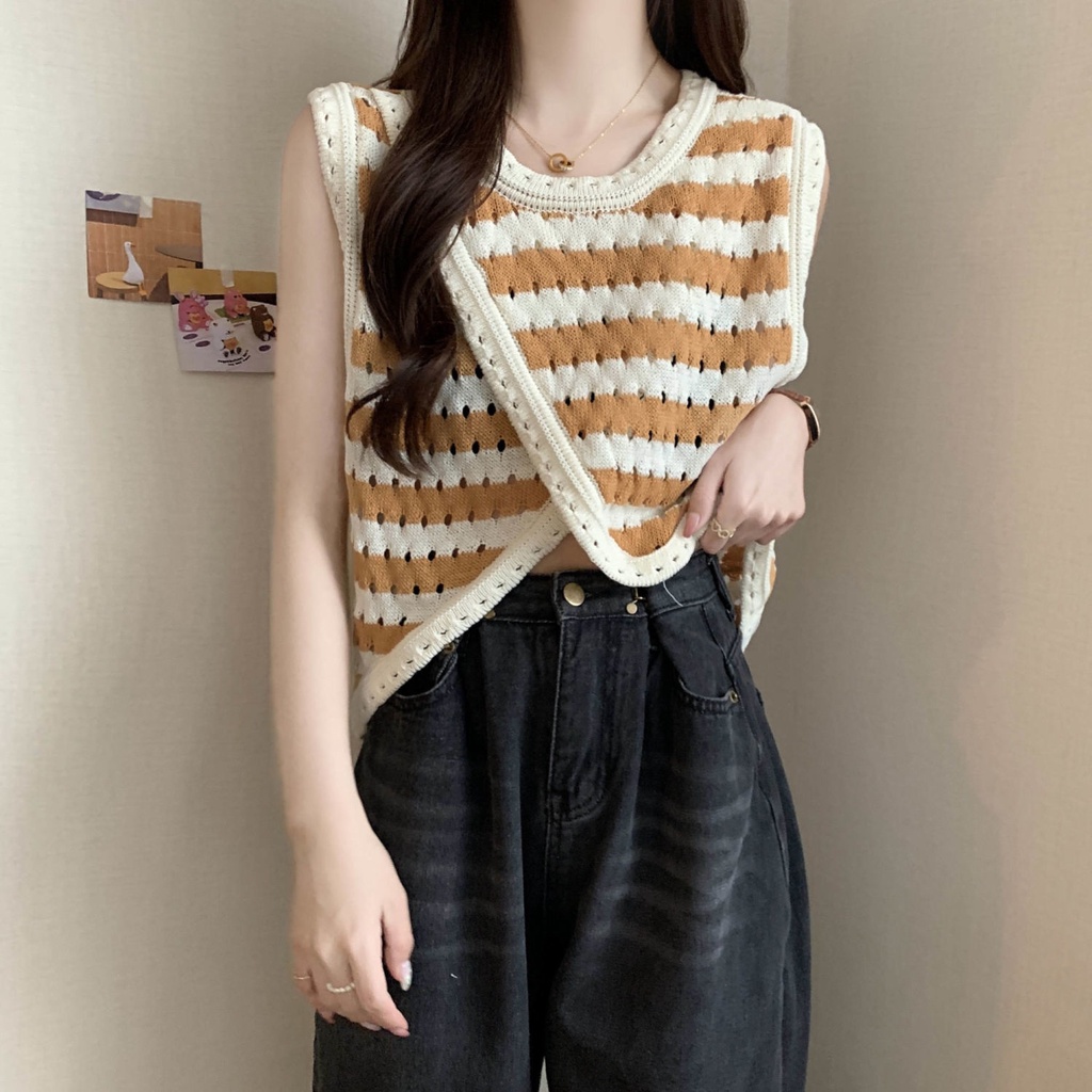 Jiashucheng Áo Sweater Sát Nách Vải Lụa Lạnh Mỏng Phối Dây Đan Chéo Thời Trang Mùa Hè Cho Nữ