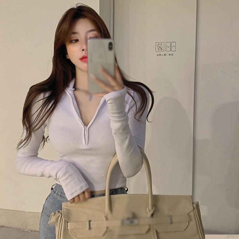 Áo croptop tay dài màu trơn dáng ôm phối khóa kéo thời trang Hàn Quốc đơn giản quyến rũ cho nữ