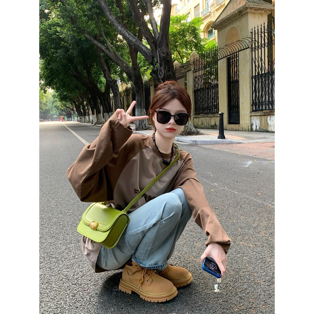 Áo Thun Nữ Tay Dài Dáng Rộng In Chữ Phong Cách retro Mỹ