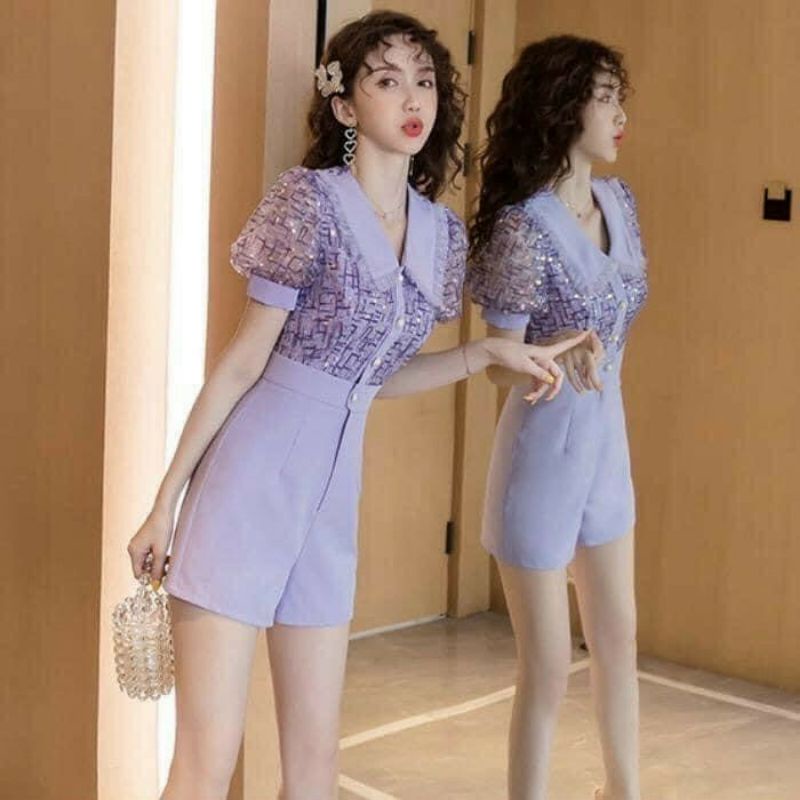 Hàng nhập - Jumpsuit ngắn xô lụa phối ren kim sa, bộ jum đùi đồ bay xinh xắn trẻ trung