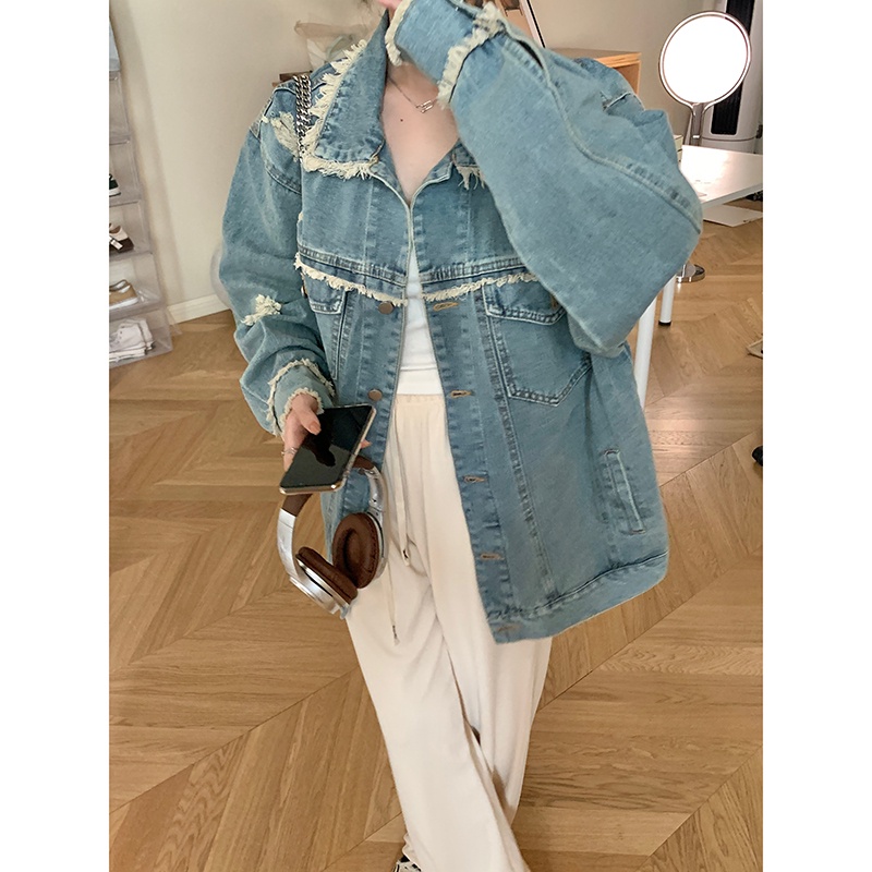 【ZHELIHANGFEI】Áo Khoác Denim Dáng Rộng Phối Tua Rua Kiểu Vintage Cá Tính