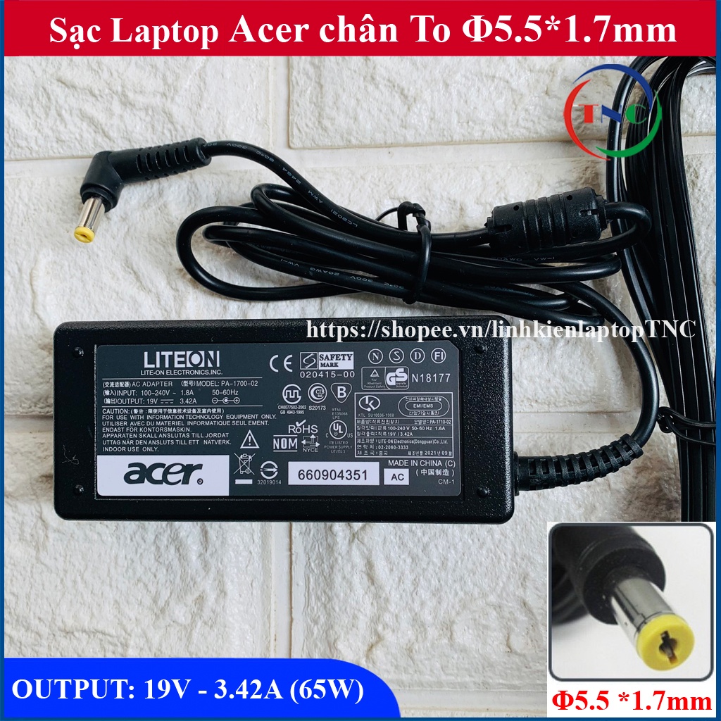 Sạc Laptop Acer 19V–3.42A – 65W (Adapter Acer 19V – 3.42A – 65W) Kèm dây nguồn