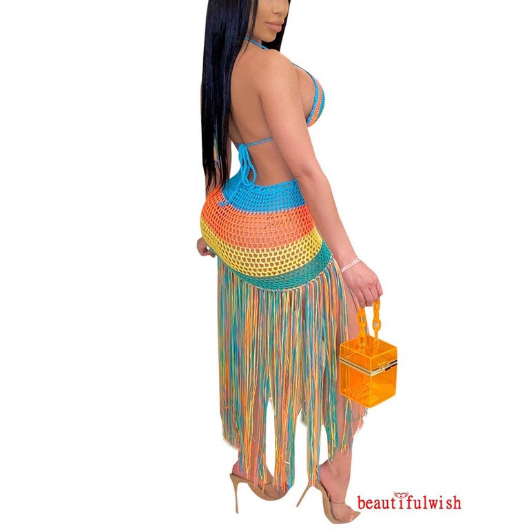 Bộ bikini cổ chữ V họa tiết kẻ sọc phối tua rua dài thời trang quyến rũ cho nữ
 | BigBuy360 - bigbuy360.vn