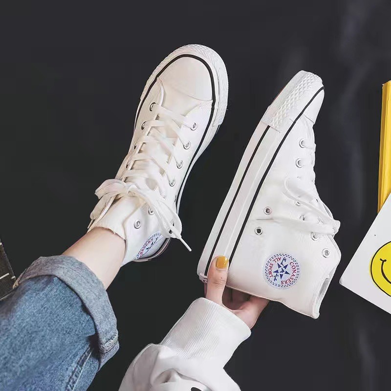 Giày Thể Thao Canvas Cổ Cao Màu Trắng Phong Cách Hàn Quốc Cho Nữ