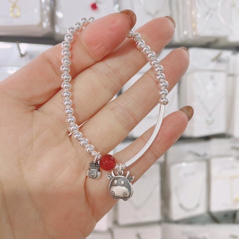 Lắc bi trâu thần tài mix kèm bạc thái Bi bạc nguyên chất