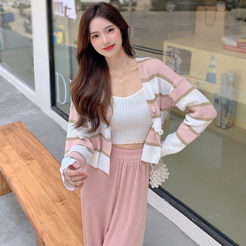 Áo khoác cardigan tay dài cổ chữ V gài nút gài trước ngực họa tiết kẻ sọc phong cách Hàn Quốc thời trang cho nữ