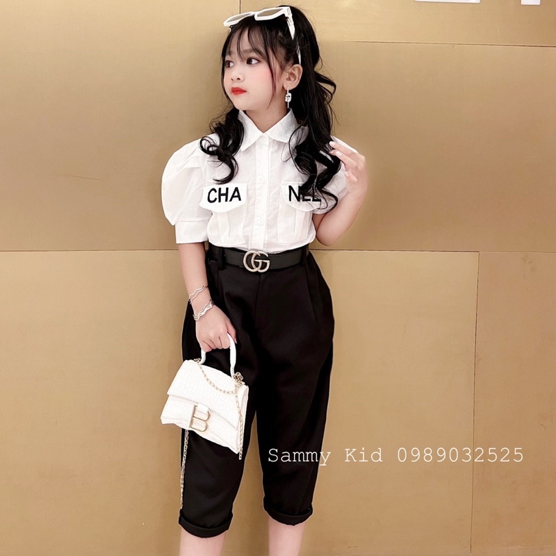 Set Sơ mi thêu cổ sen tay bồng Quần Baggy lỡ cho bé gái size đại 16-41kg basic nữ tính