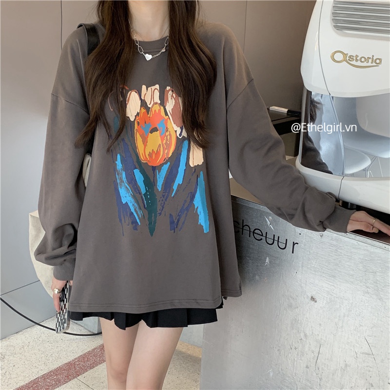 Áo Thun Nữ Tay Dài In Hình Thời Trang Hàn Quốc 3 Màu Lựa Chọn