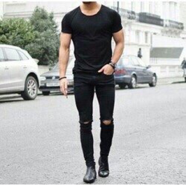 Quần jean đen skinny rách gối