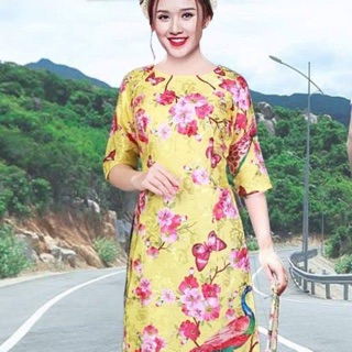 Có 2XL- Set Áo Dài Cách Tân GẤM cổ tròn tay lỡ hoạ tiết chim công hoa bướm kèm quần BIGSIZE