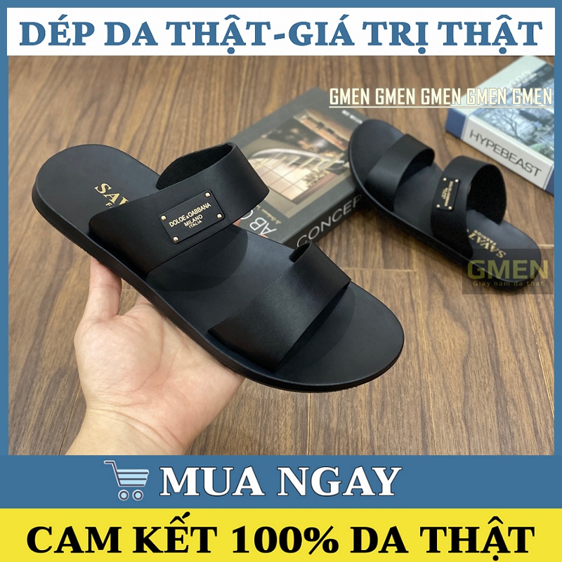 Dép da nam cao cấp da thật mềm mại, dép lê quai ngang đế cao su êm chân bảo hành 12 tháng GM012
