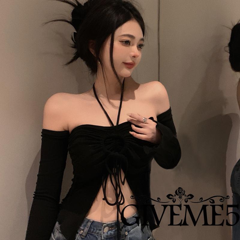 Áo Croptop Cổ Yếm Màu Sắc Trơn Có Dây Rút Thời Trang Mùa Hè Cho Nữ