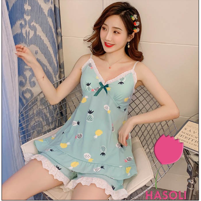 Bộ Đồ Ngủ Cotton Thun 2 Dây Viền Ren-Đồ Mặc Nhà Hồng Dễ Thương Có Lót Đệm Ngực DB11