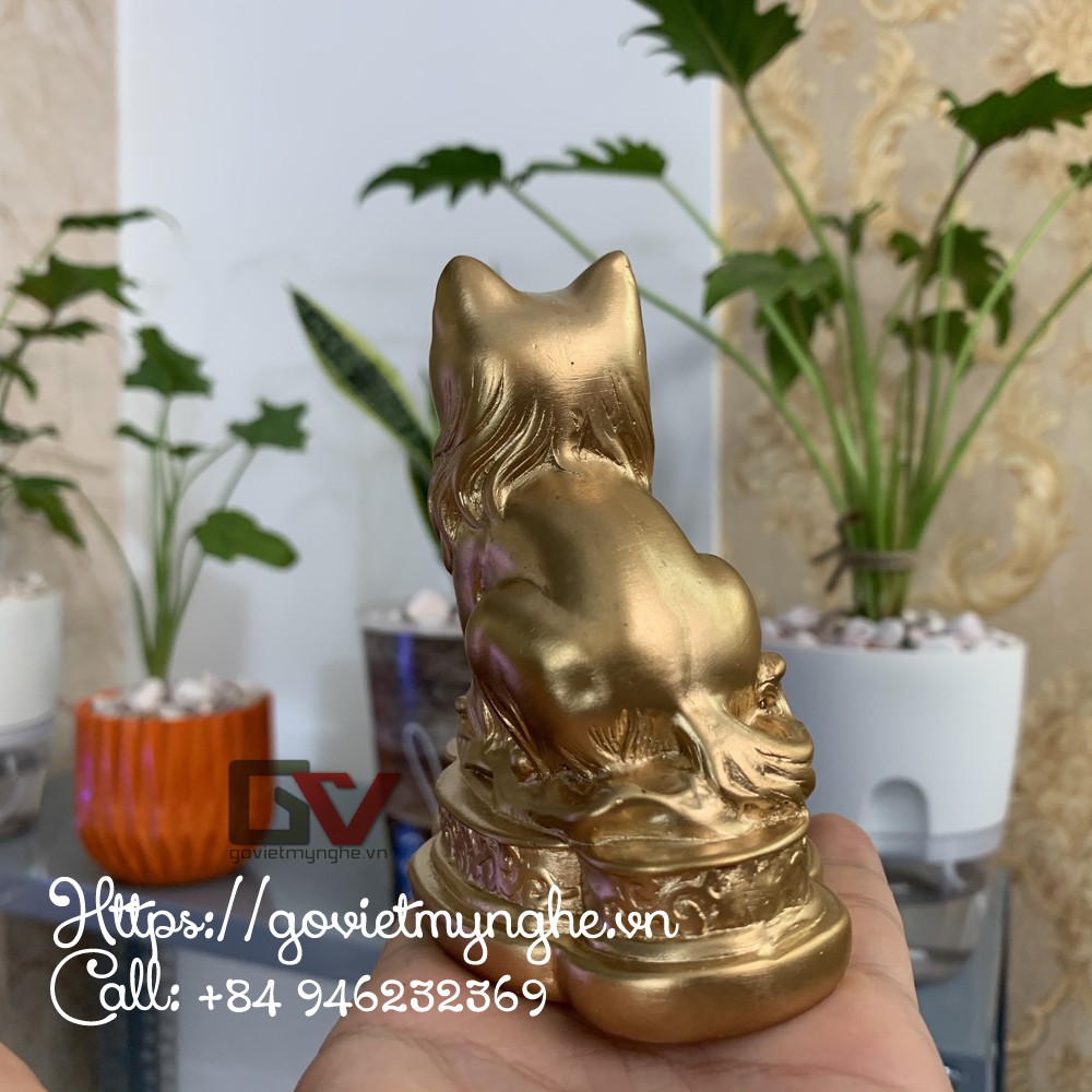 Tượng đá con Mèo cát tường trang trí phong thủy bàn làm việc - Cao 10cm - Màu nhũ đồng